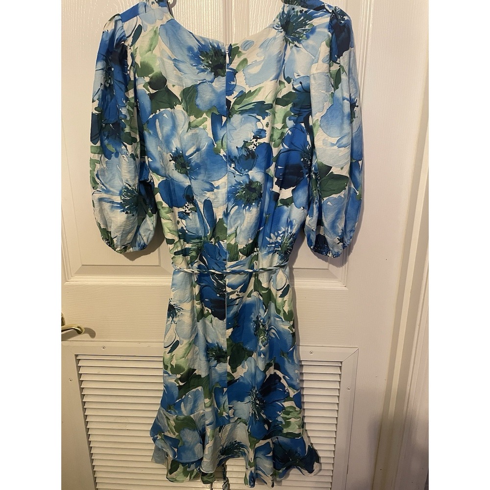 Alex Marie 14P Blue Floral Faux Wrap Dress Petite Puff Sleeve Belted - Picture 8 of 9